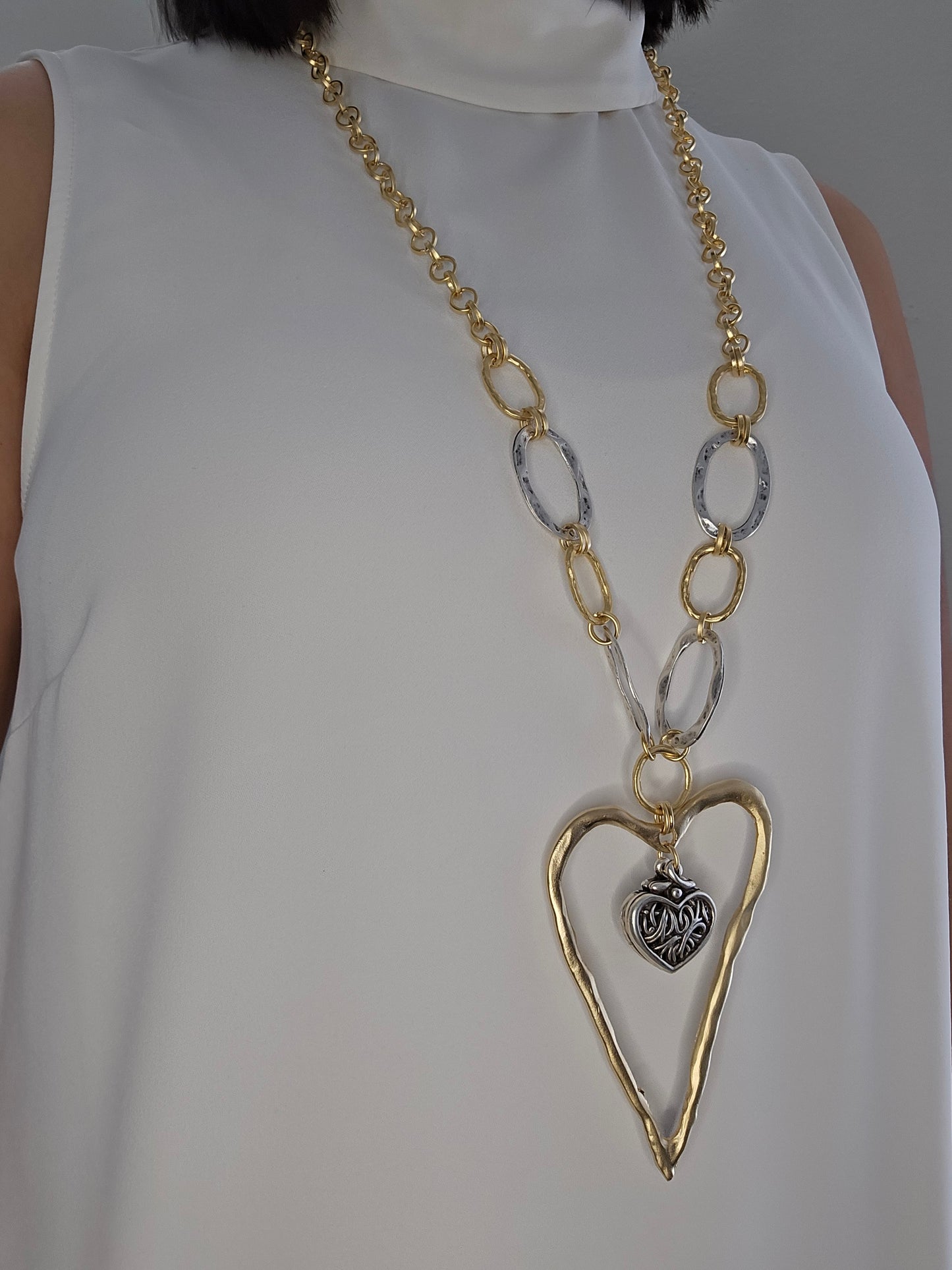 Collar "Heart in Heart" con eslabones plata y oro, largo