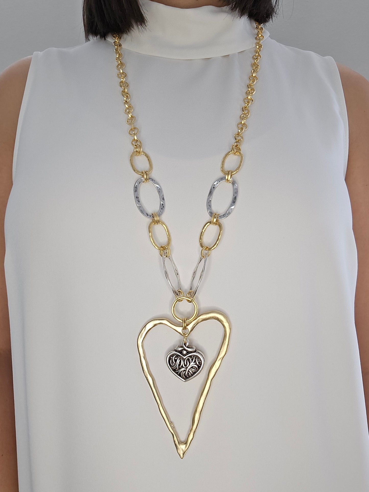 Collar "Heart in Heart" con eslabones plata y oro, largo